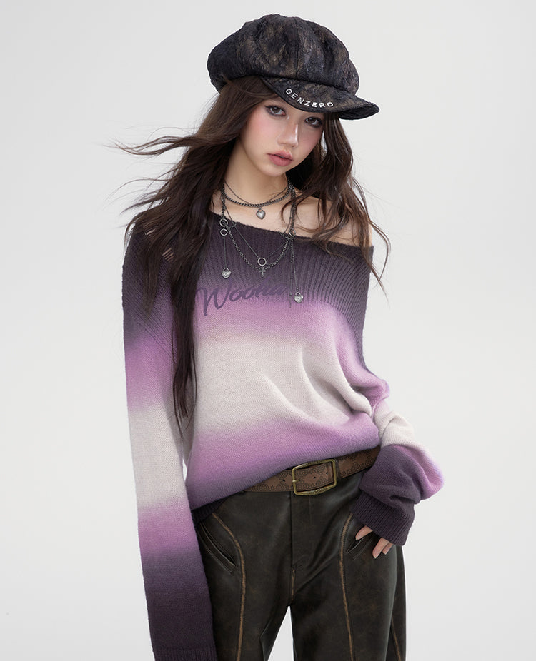 Oil Painting Style Gradient Purple Sweater - CHINASQUAD
