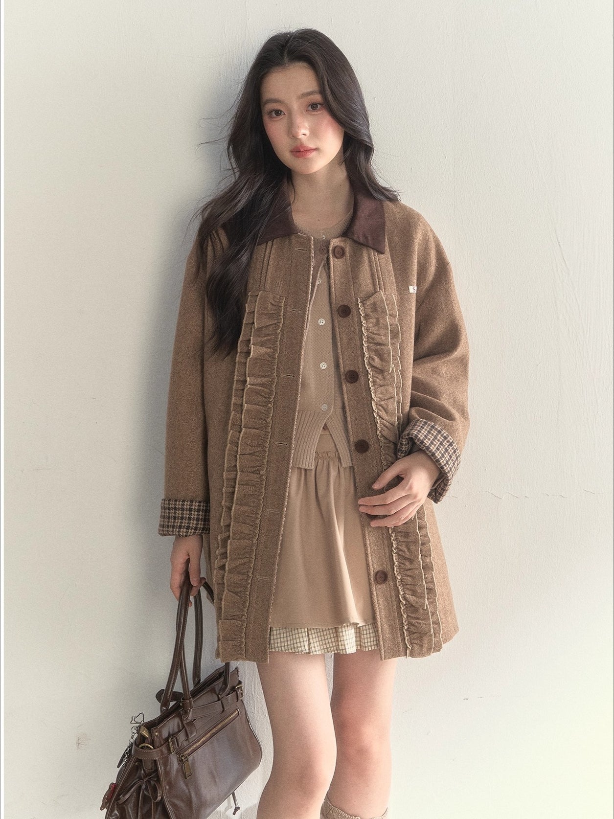 Vintage Khaki Wool Blend Ruffle-Trim Coat