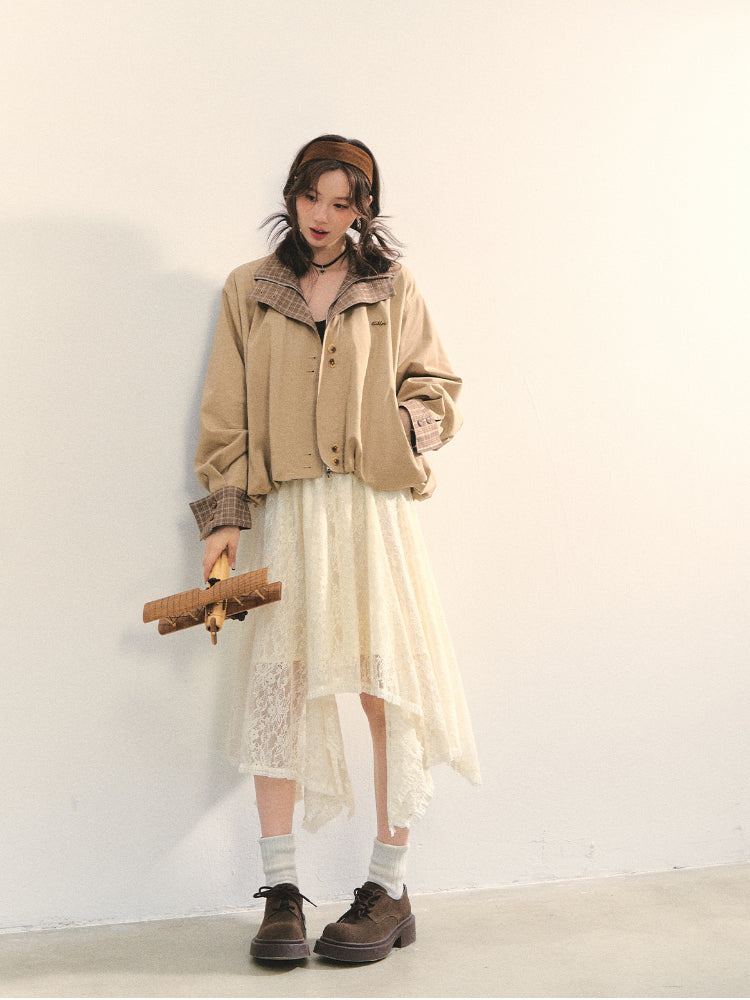 Beige Lace Irregular Hem Midi Skirt - CHINASQUAD