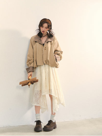 Beige Lace Irregular Hem Midi Skirt - CHINASQUAD