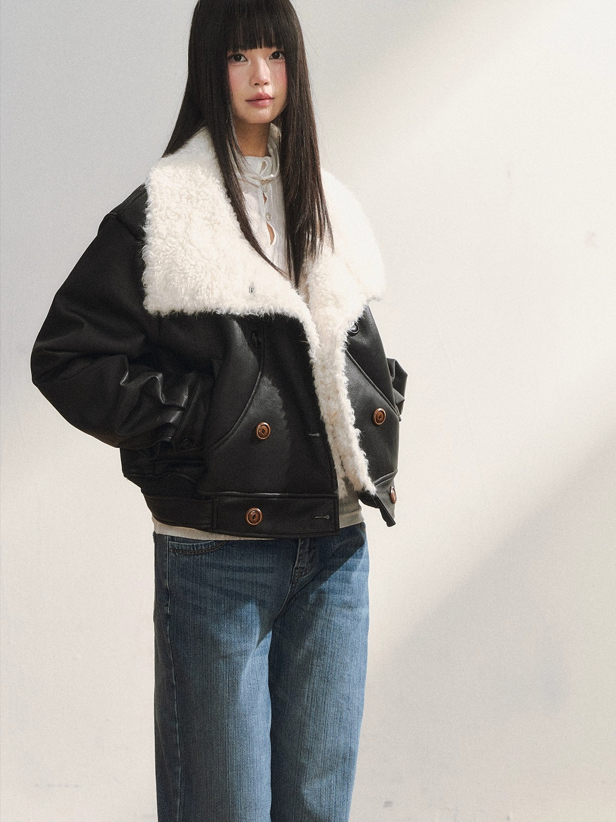 Black Faux Shearling Double-Breasted Leather Jacket