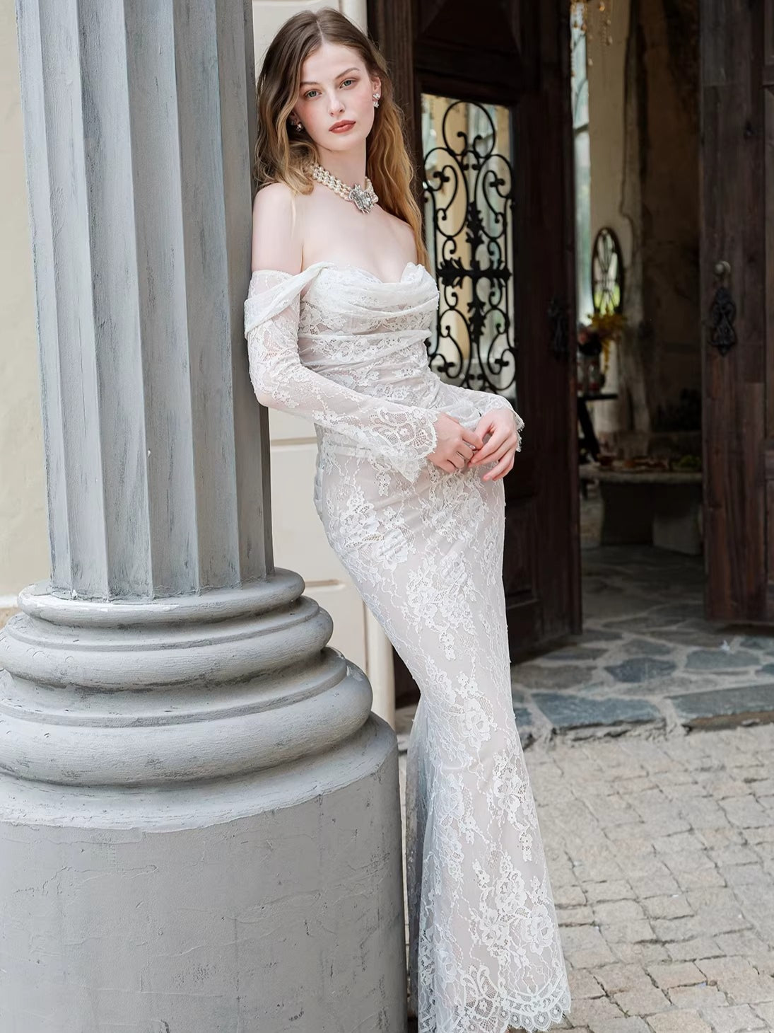 Off-Shoulder Lace-Panel Mermaid Maxi Dress