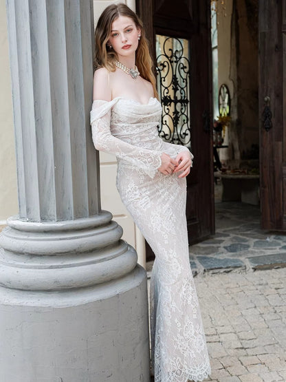 Off-Shoulder Lace-Panel Mermaid Maxi Dress