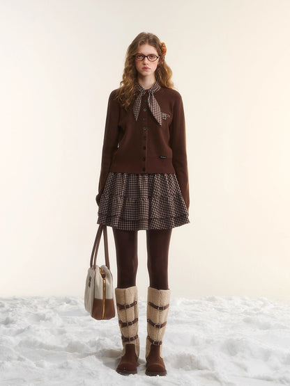 Wool-Blend Plaid Patchwork Knit Crewneck