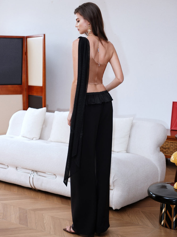 Off-Shoulder Floating Strap Cowl Neck Boned Crop Top