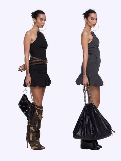 Chain Halter Bubble-Waist Mini Dress