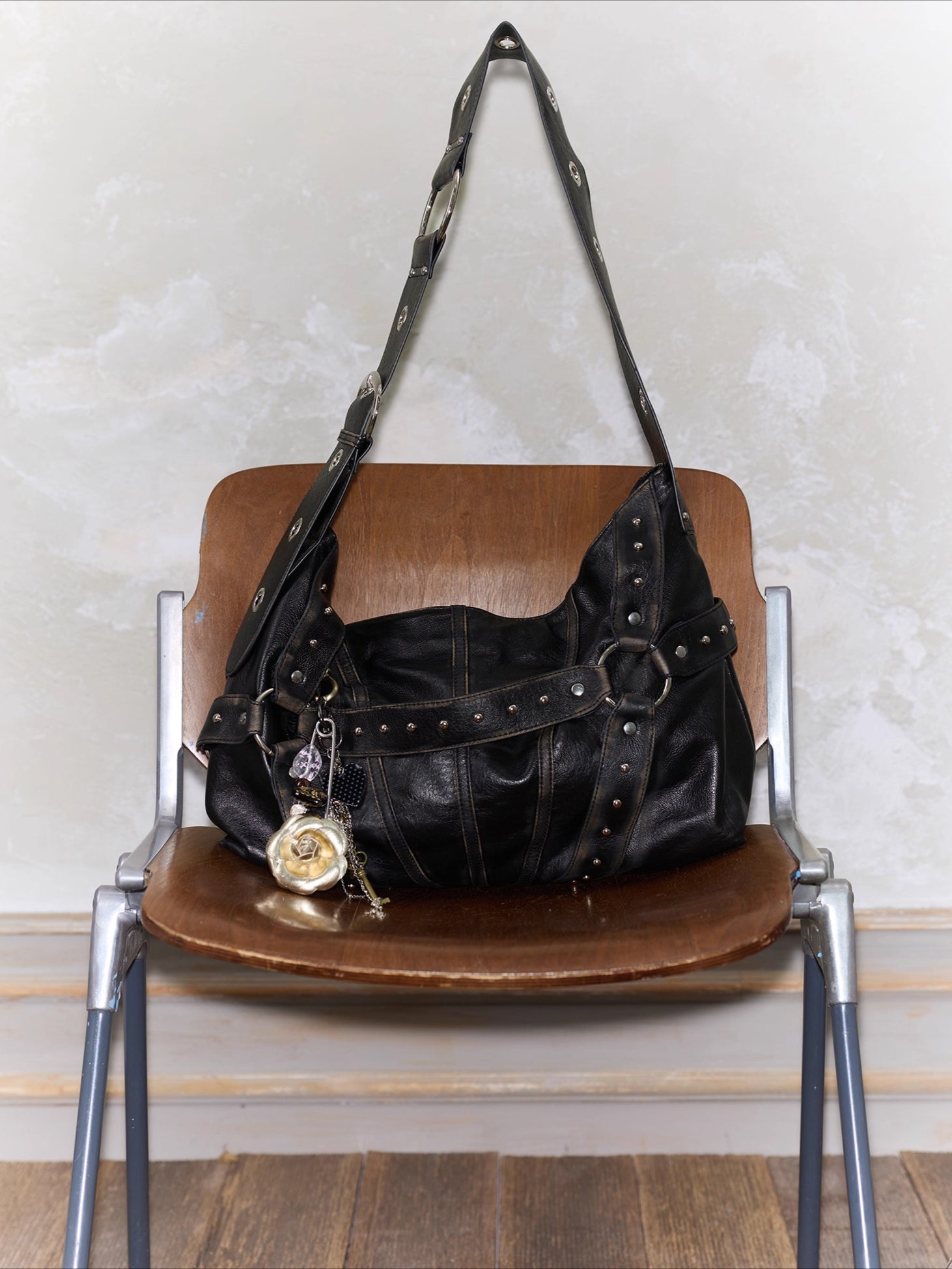 Vintage Studded Wide-Strap Crossbody Bag