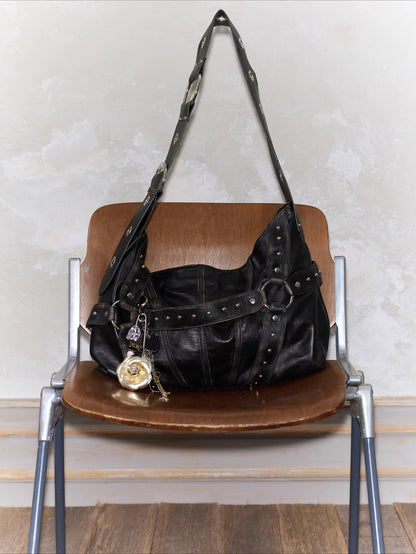 Vintage Studded Wide-Strap Crossbody Bag