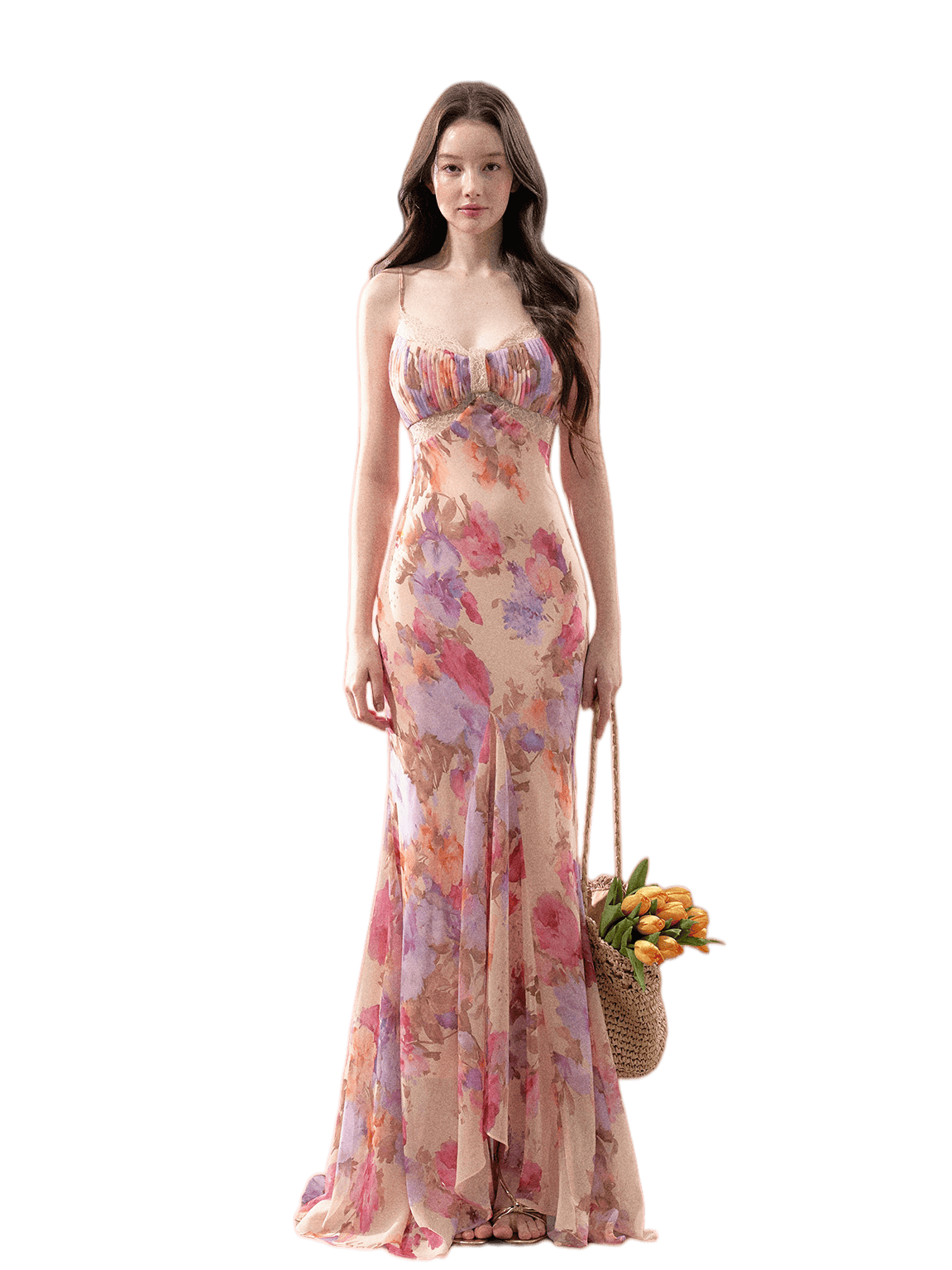 Dreamlike Summer Floral Chiffon Mermaid Slip Maxi Dress Beige / M