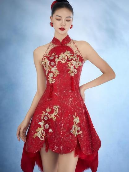 Oriental Embroidered High-Low Halter Dress