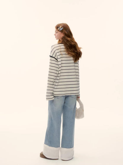 Contrast Stripe Crewneck Long-Sleeve T-Shirt