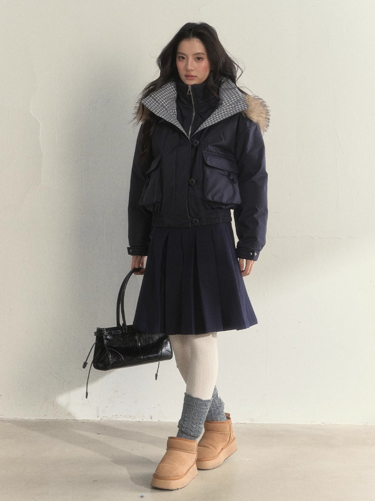 Glacier Blue &amp; Navy Plaid Panel Down Jacket