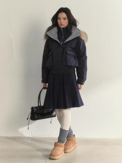 Glacier Blue &amp; Navy Plaid Panel Down Jacket