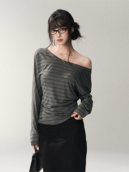 Asymmetric Off-Shoulder Striped Tencel Slim-Fit Long Sleeve Top