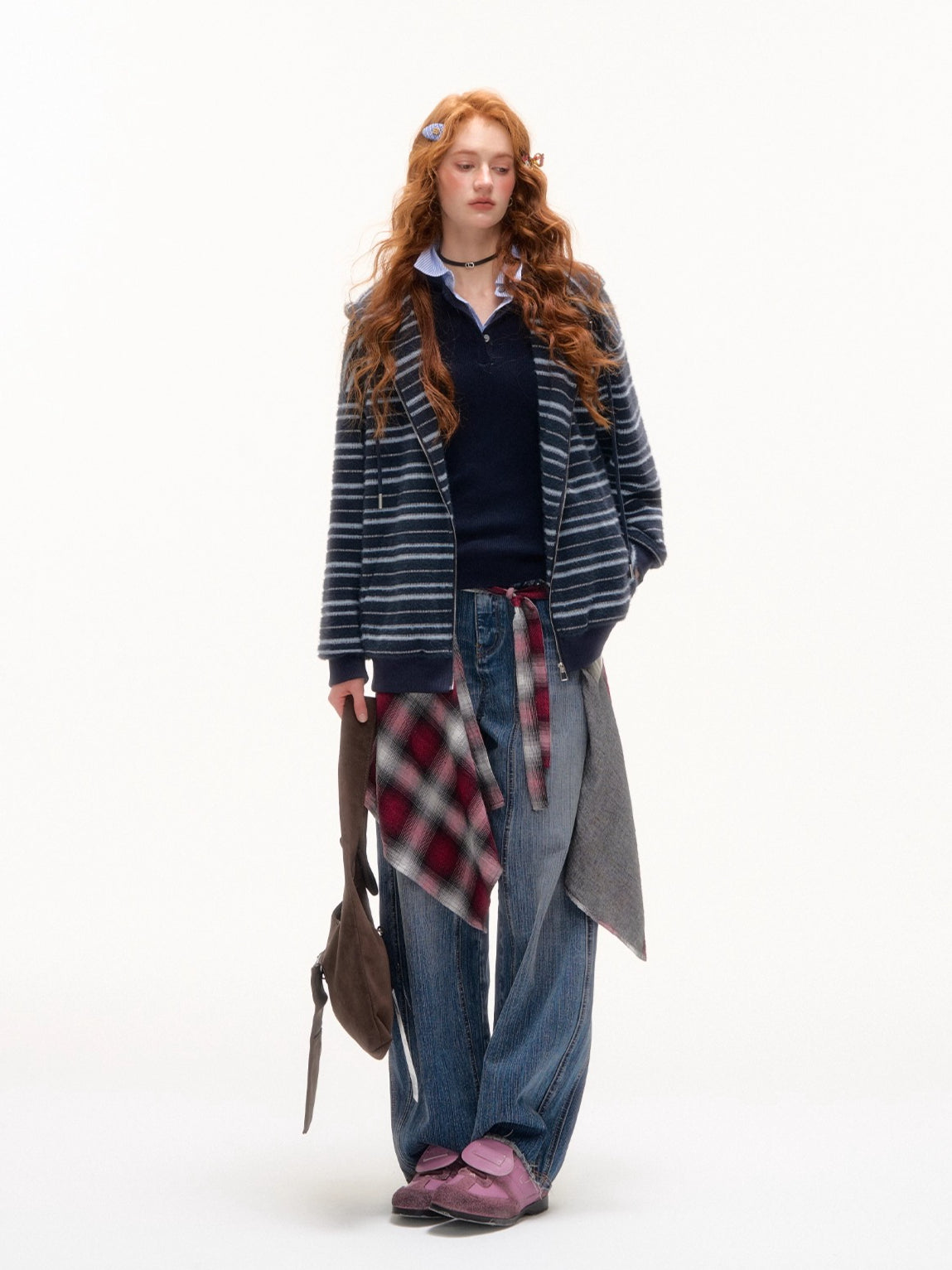 Striped Plush Cat-Ear Zip-up Hoodie