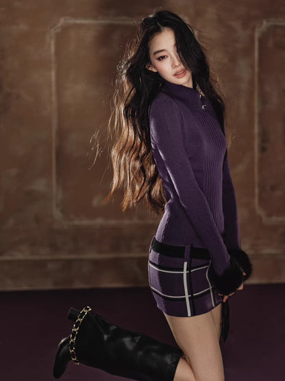 Faux-Fur Turtleneck Belted Slim-Fit Dress