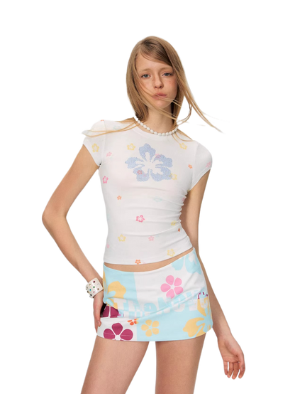 Rhinestone Floral Print Slim Fit Cropped T-Shirt