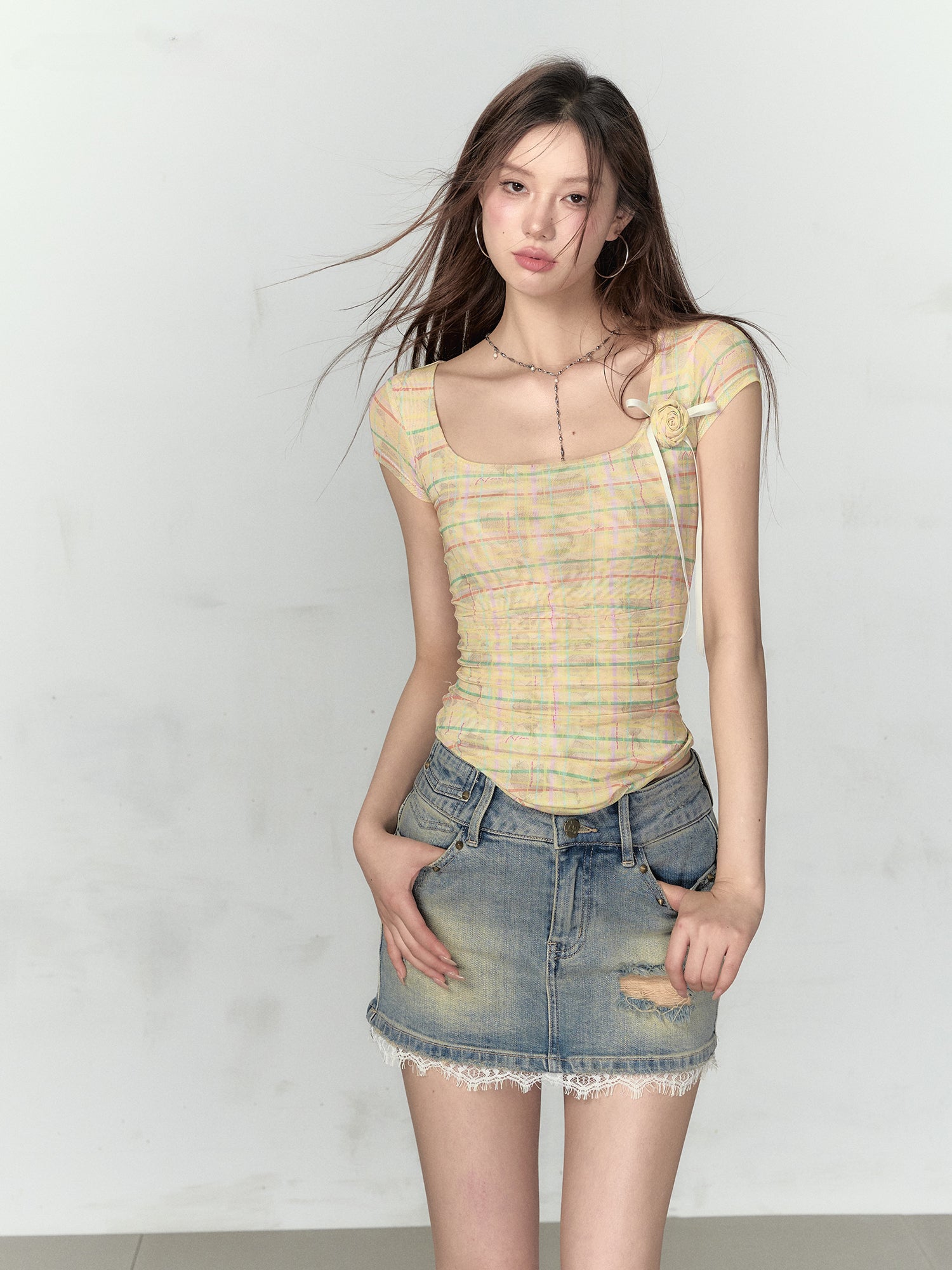 Pink &amp; Yellow &amp; Black Fitted Plaid Square Neck Top - CHINASQUAD