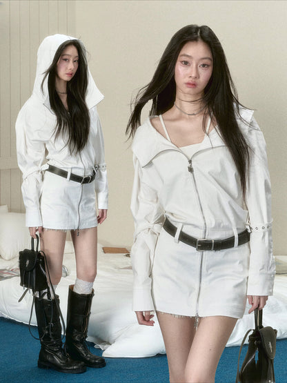 White Oversized Collar Hooded Dress