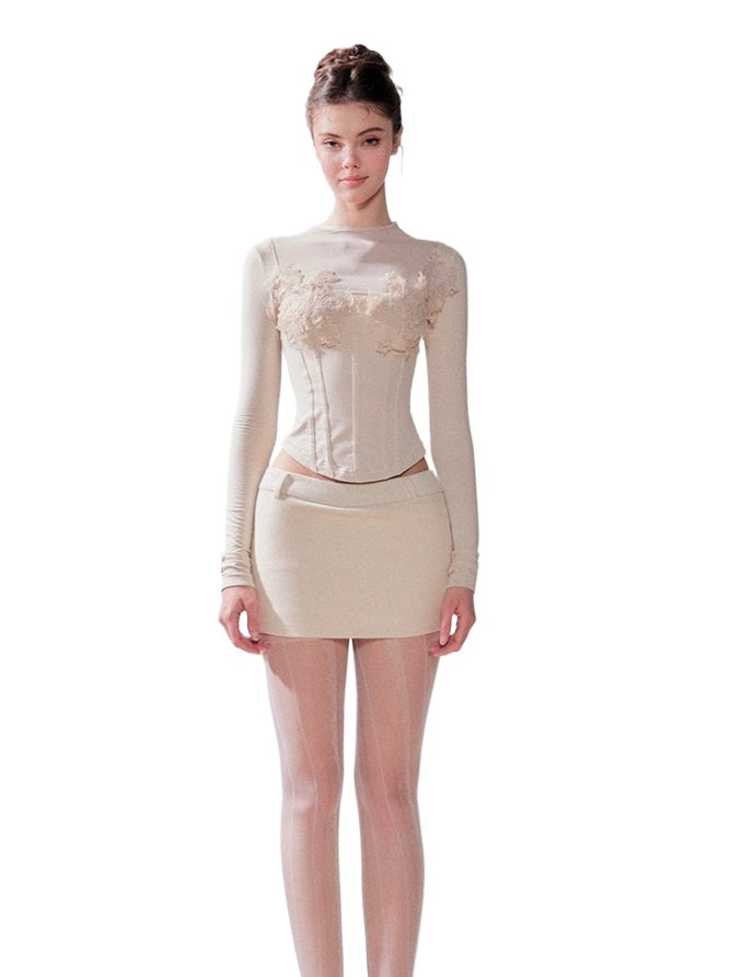 Pine Cream Lace Thermal Knit Top &amp; Skirt Set