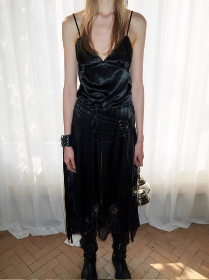 Lace Patchwork Plaid V-Neck Slip Dress