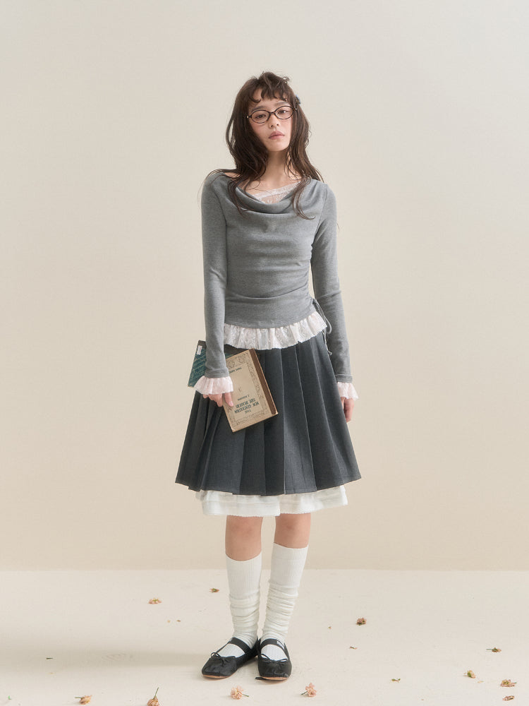 Gray Pleated Lace Skirt