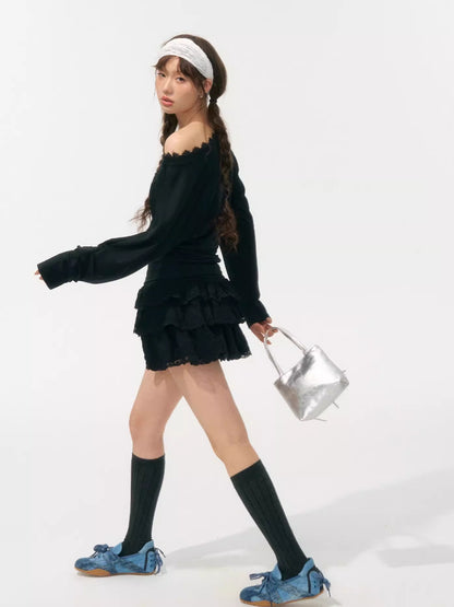 Asymmetric Shoulder Long-Sleeve Top