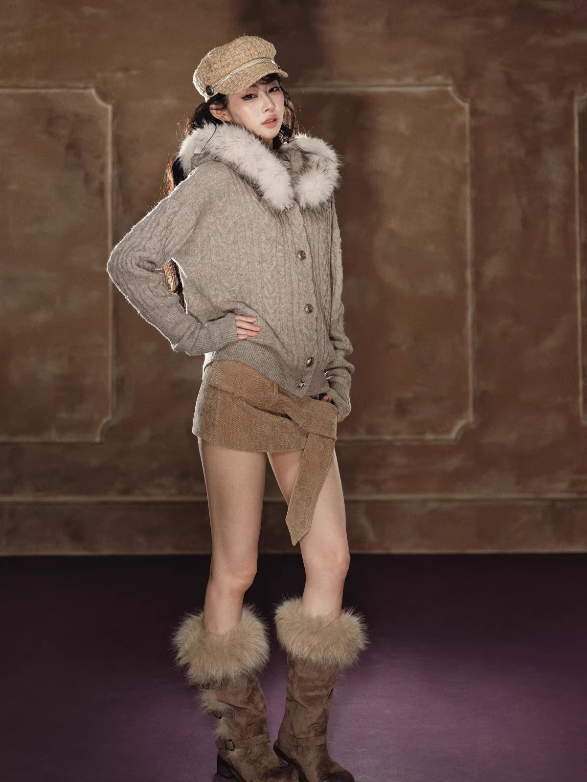 Shimmer Cable-Knit Hooded Cardigan