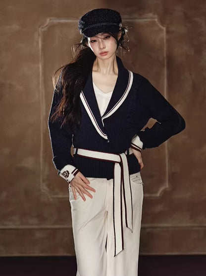 Oversized Contrast V-Neck Tie-Waist Knit Sweater