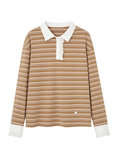 Striped Lace Polo Collar Top