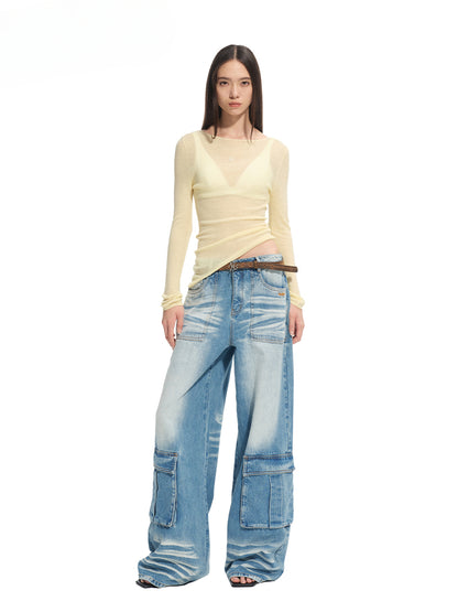 Washed Twill Denim Whisker Wide-leg Jeans - CHINASQUAD