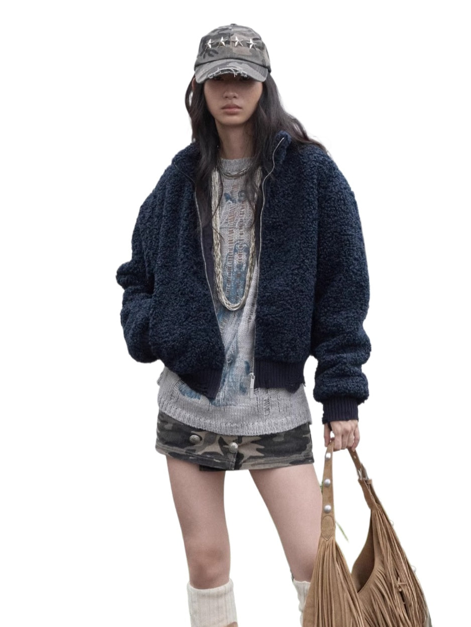 Distressed Fleece Zip-Up Cropped Jacket