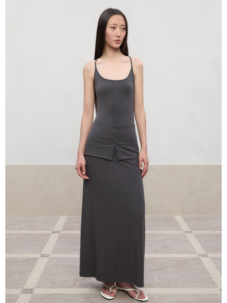 Deep U-Neck Button-Strapped Dress