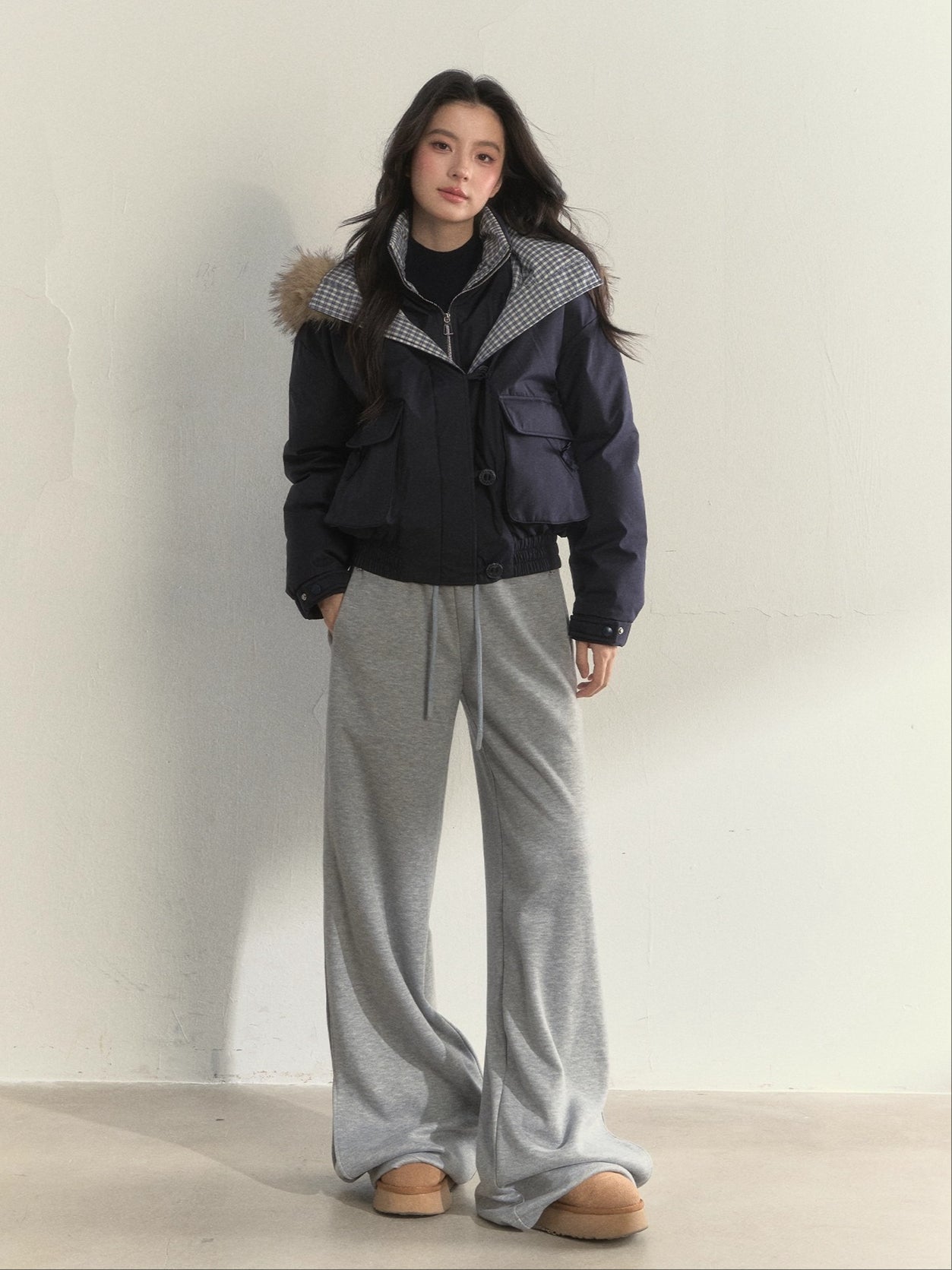 Glacier Blue &amp; Navy Plaid Panel Down Jacket