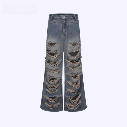 Vintage Washed Distressed Wide-Leg Denim Jeans