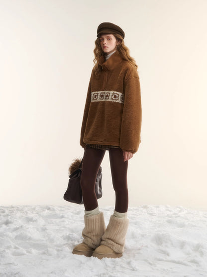 Patchwork Teddy Fleece Zip-Up Sweater