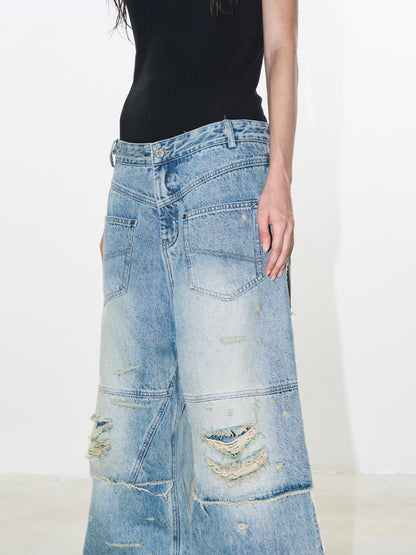 Double-Layer Distressed Washed Denim Pants