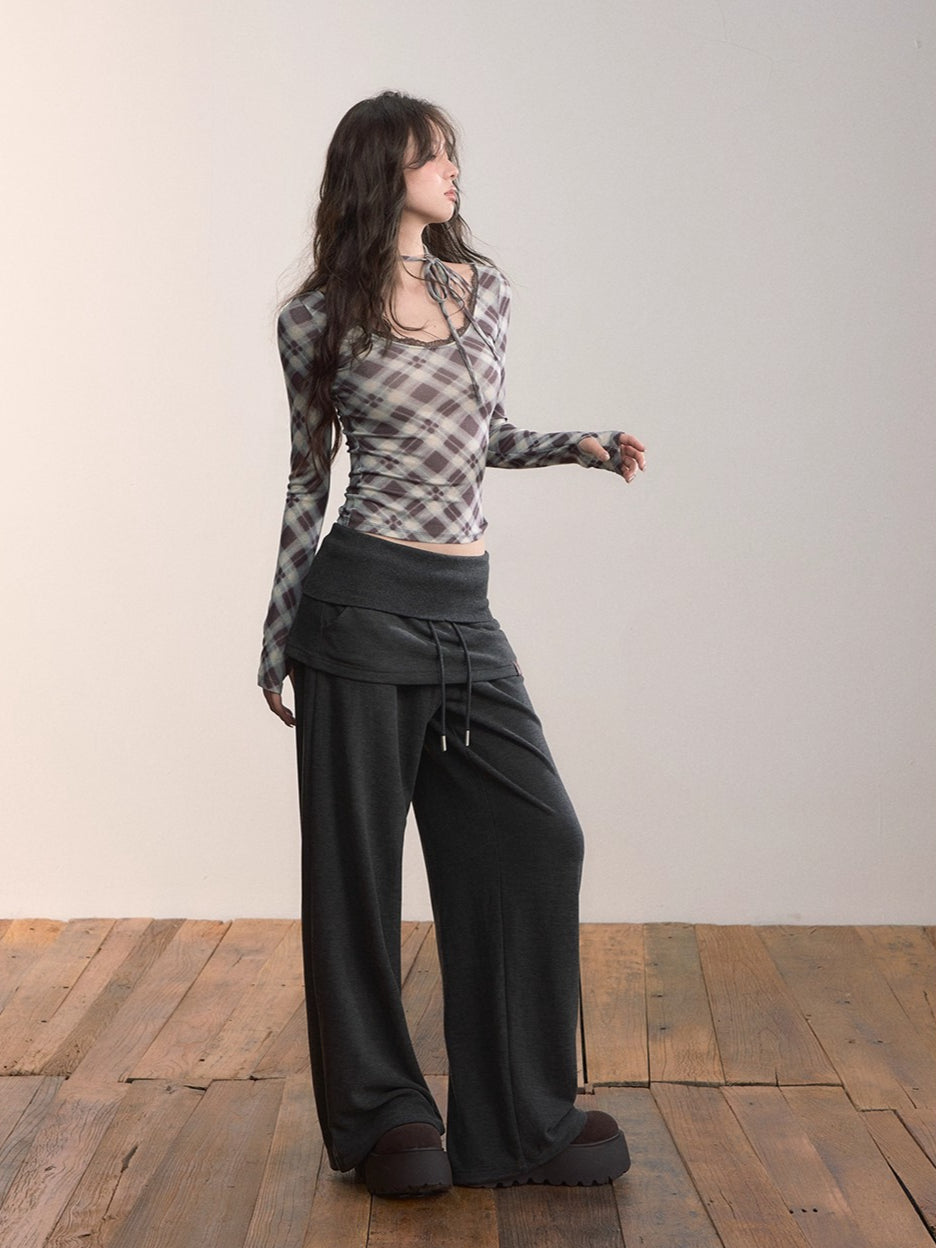 Folded Waist Skirt-Hem Wide-Leg Sweatpants