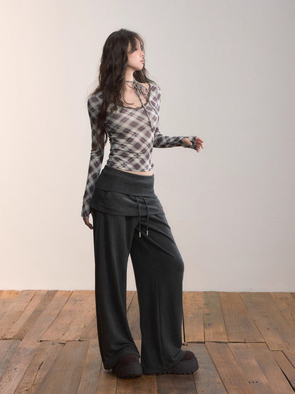 Folded Waist Skirt-Hem Wide-Leg Sweatpants