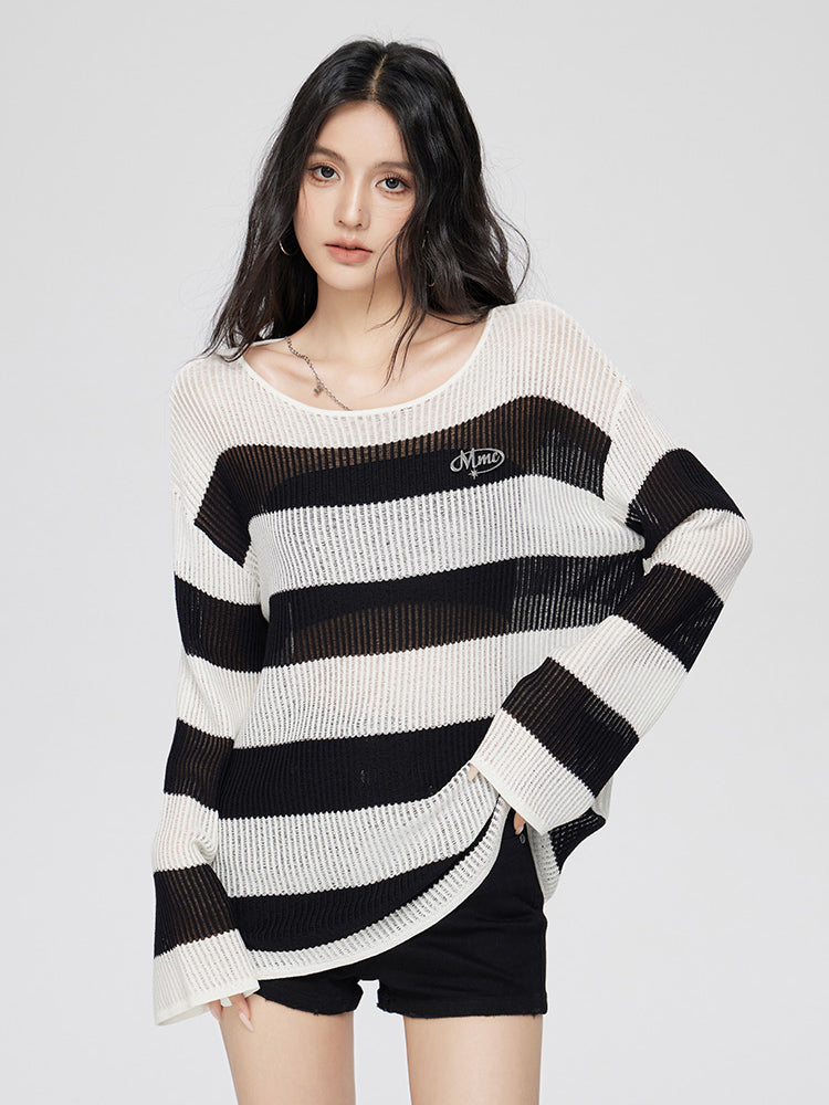 Black &amp; White Striped Round Neck Long-sleeve T-shirt