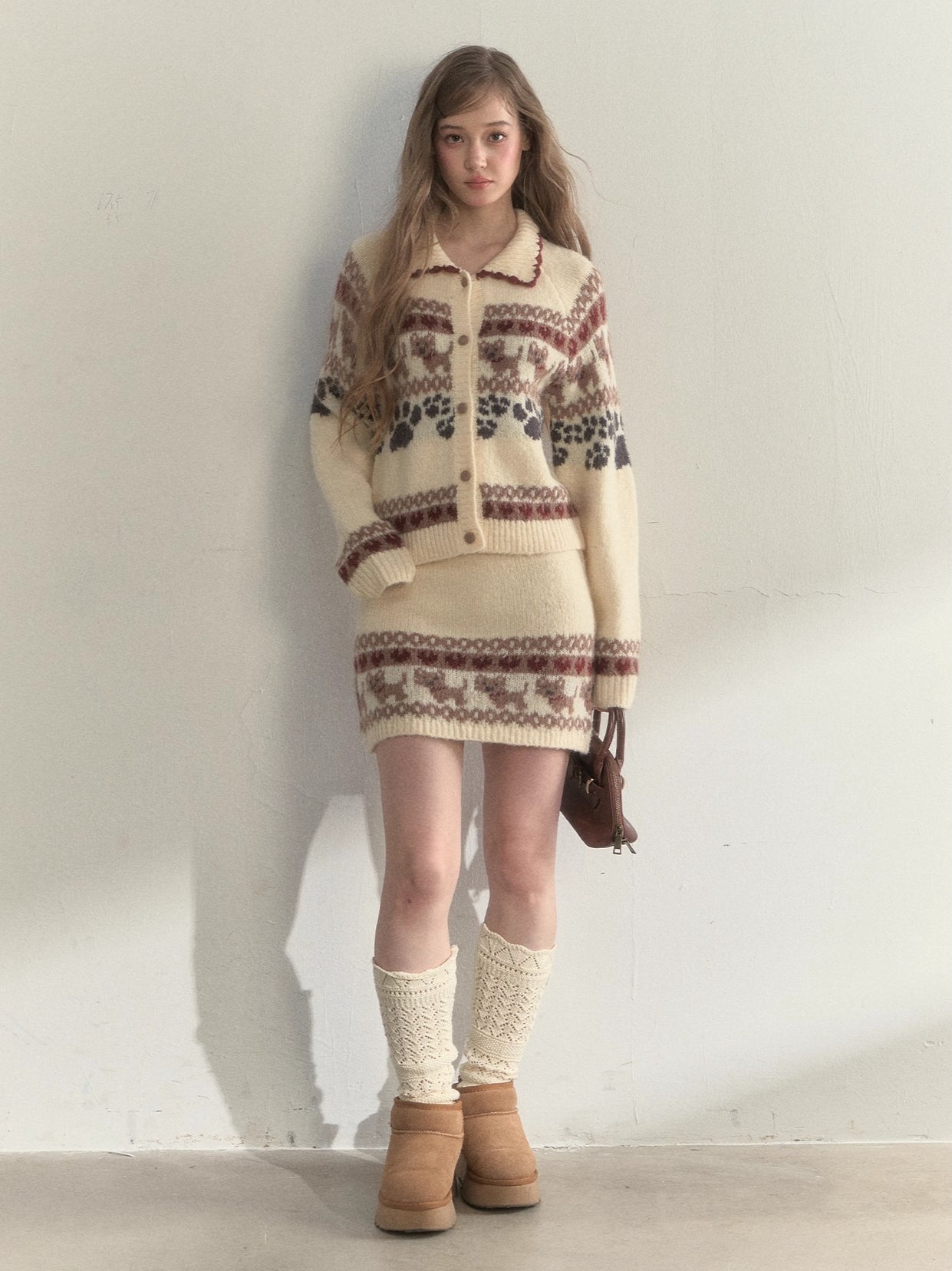 “Puppy Fair Isle” Vintage Knit Cardigan &amp; Skirt Set