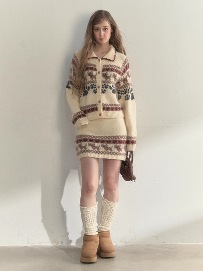 “Puppy Fair Isle” Vintage Knit Cardigan &amp; Skirt Set