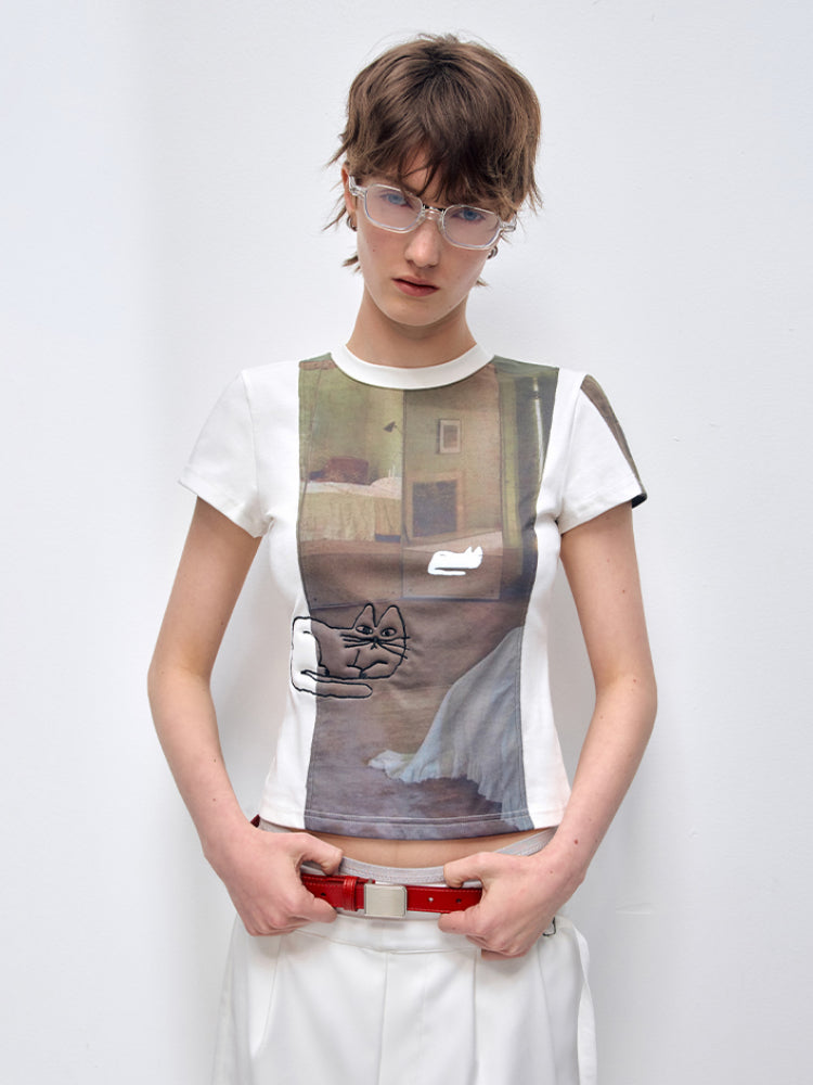 3D Cat Embroidery Shoulder Short Sleeve
