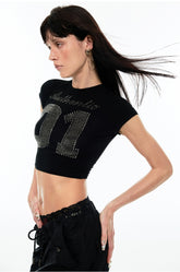 Rhinestone-studded Cropped T-shirt - CHINASQUAD