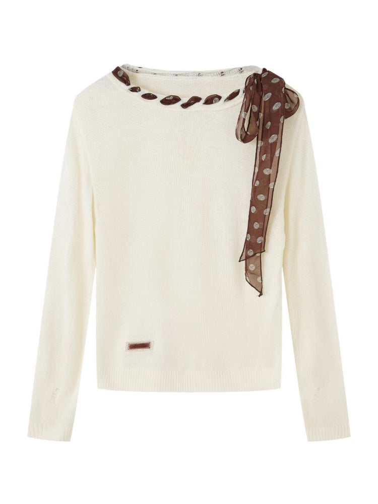 Tie-Up Off-Shoulder Knit Crewneck