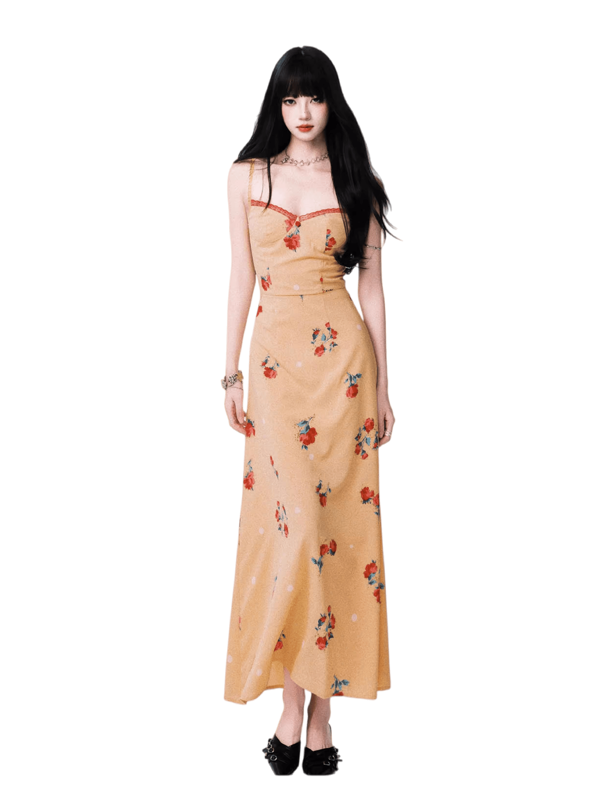 French V-Neck Floral Slip Maxi Dress