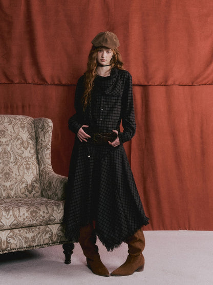 Vintage Plaid Beaded Tie-Scarf Shirt