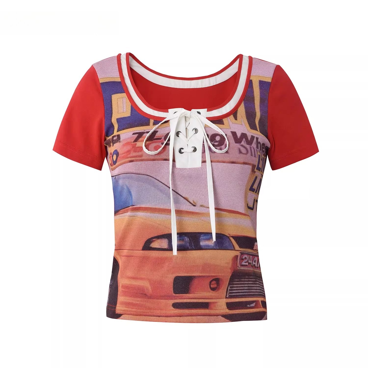 Retro Racing Print Layered-Look Patchwork T-Shirt