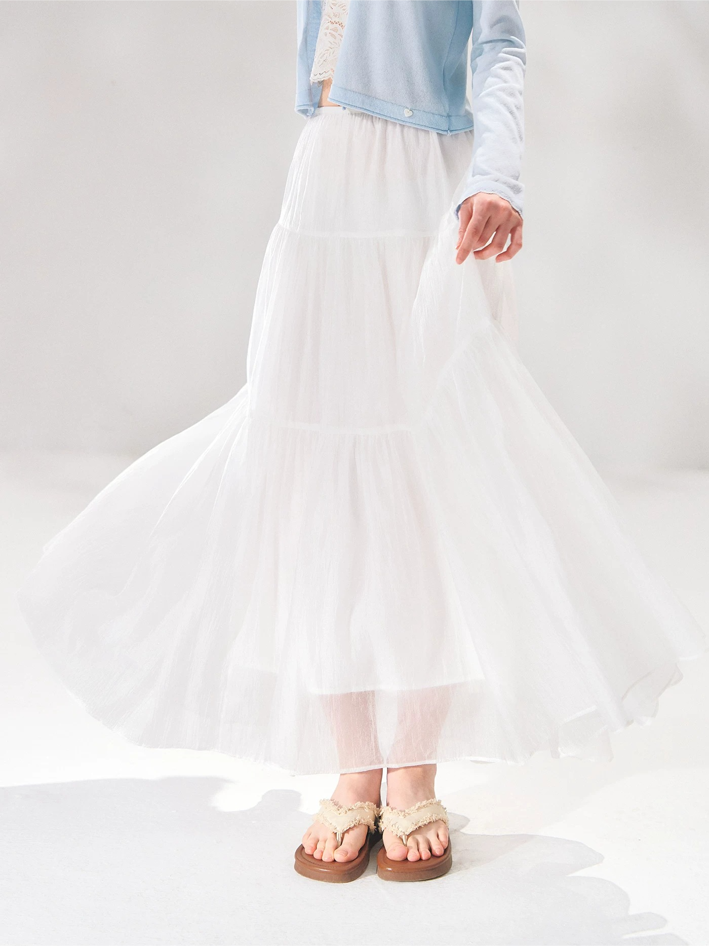 Pearlescent Textured Tiered A-Line Midi Skirt