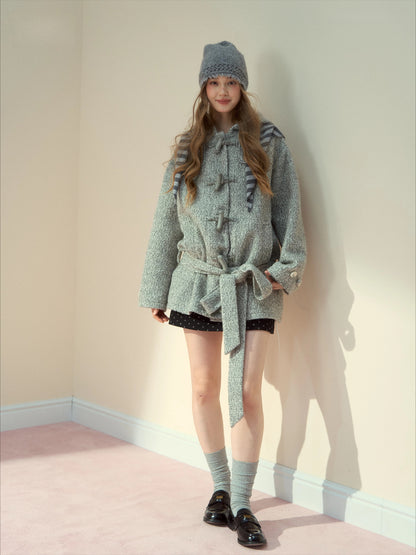 Light Grey Wool-Blend Toggle Belted Coat